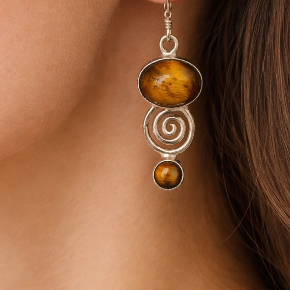 Dangle Earrings Artisan Sterling Silver Tigers Eye Spiral Boho Modernist Drop